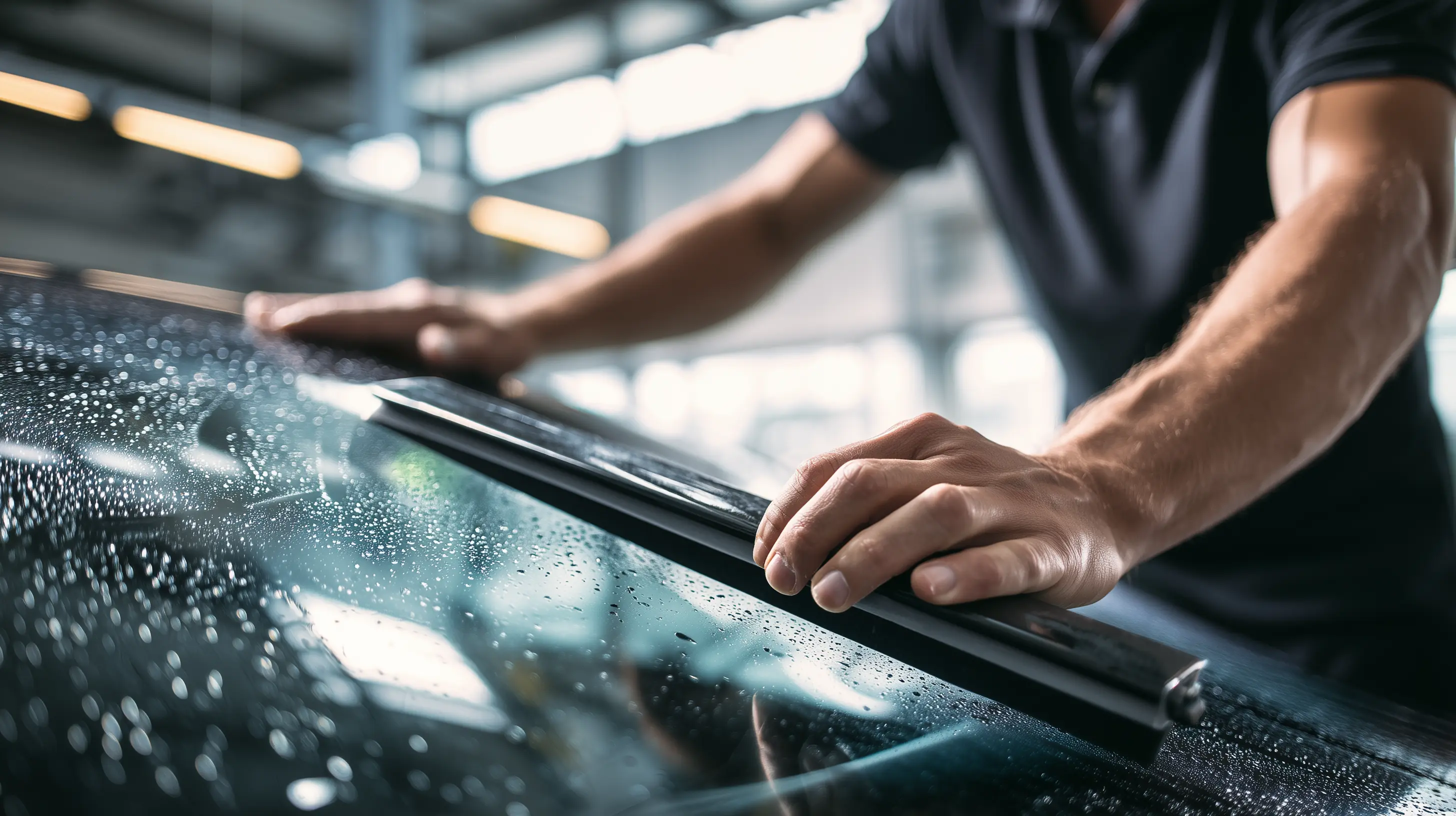 Professional hands carefully applying window tint film with precision and expertise